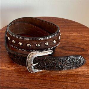3D Belt Company Brown Leather Belt with silver buckle and cow hide studded style